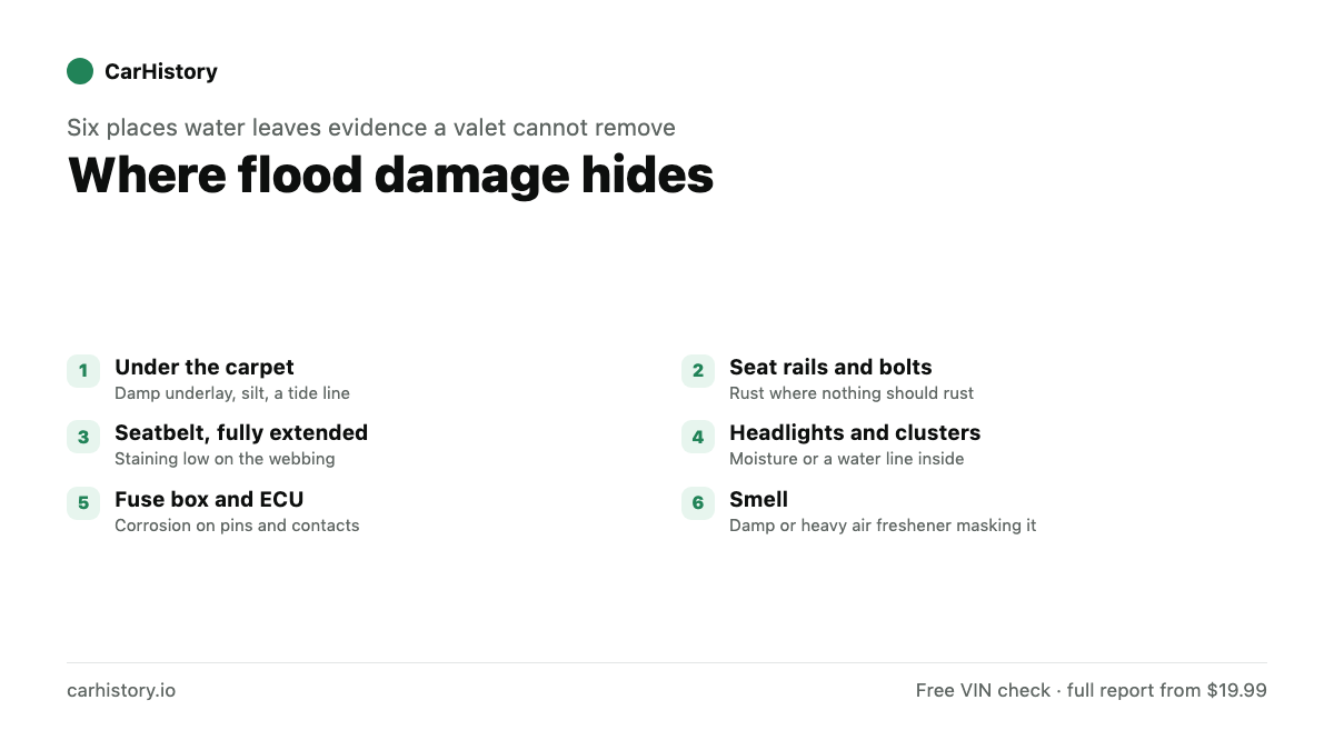 Six places flood damage shows: under the carpet, seat rails and bolts, the fully extended seatbelt, headlights and clusters, the fuse box and ECU, and smell.