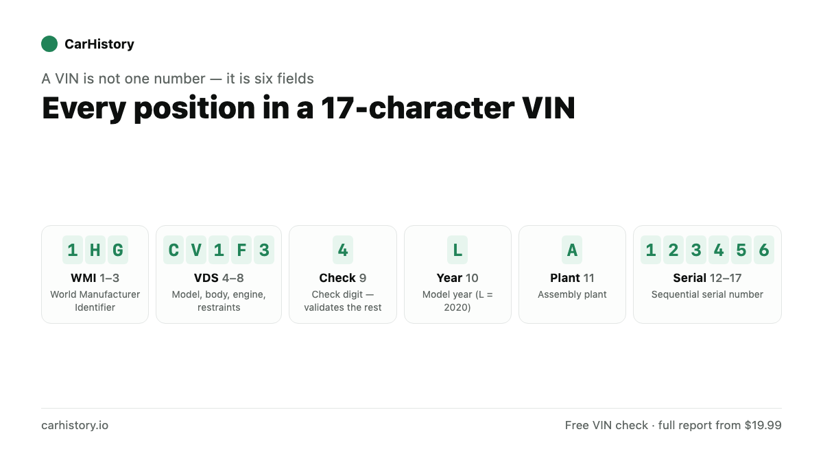 Diagram splitting the VIN 1HGCV1F34LA123456 into its six fields: WMI (characters 1 to 3), VDS (4 to 8), the check digit (9), model year (10), assembly plant (11) and sequential serial number (12 to 17).